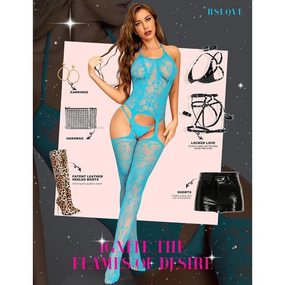 RSLOVE Women Fishnet Bodystocking Crotchless Lingerie with Attached Stockings - Picture 4 of 5